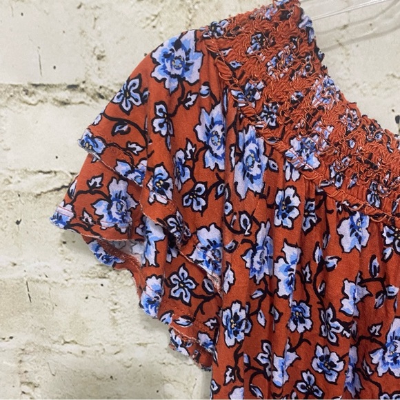 American Rag Orange Blue Floral Flutter Sleeve Smocked Off The Shoulder … - Picture 2 of 5
